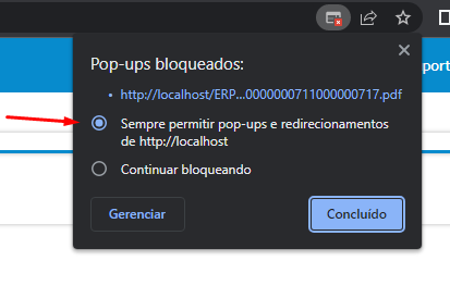 Imagem 3: foto da caixa de "Popup bloqueado" que aparece no chrome ao clicar no ícone, agora selecionado a opção 'Permitir'