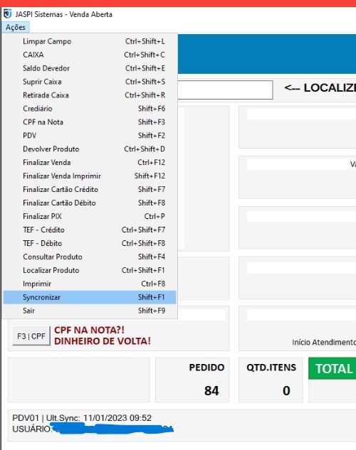 Print do PDV para sincronizar manual com o ERP online.